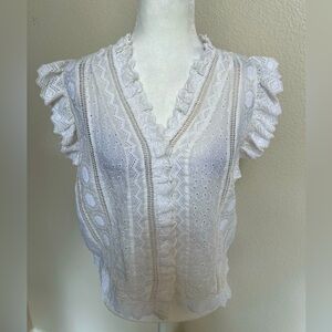 Frame small white ramie button blouse eyelet crochet embroidery sleeveless